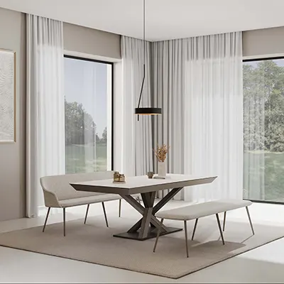 Table Mistral extensible en céramique et pied central métal par Mobliberica, disponible chez Meubles Mignot en Seine-et-Marne